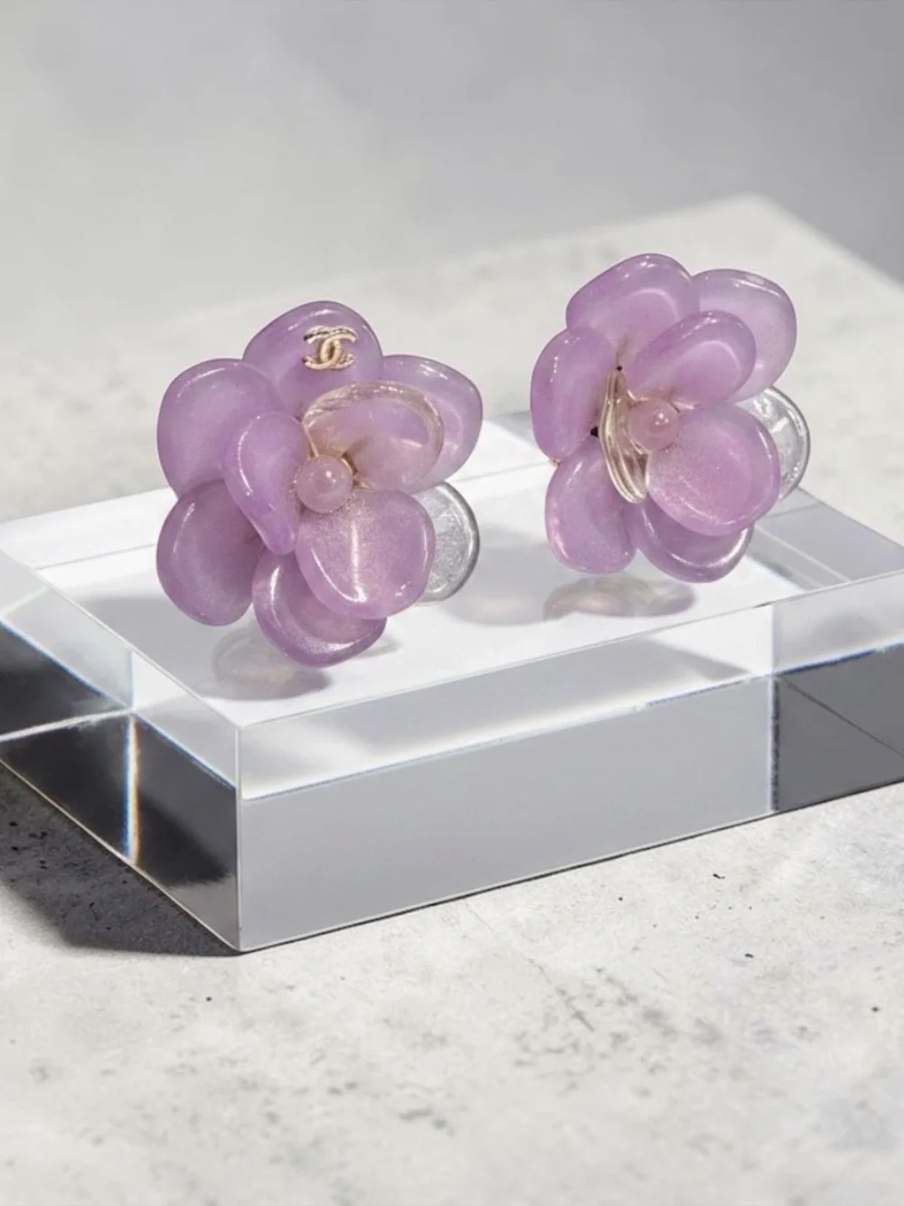 CHANEL Lavender Camellia Resin Clip-On Earrings with Gold CC Accent
